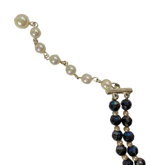 Vintage Faux Pearl Black Beads Necklace 2 Strand Black & Iridescent Beads 1980s - Picture 6 of 6
